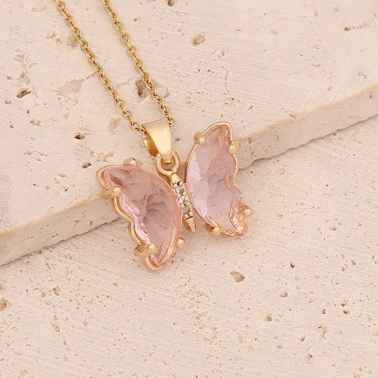 C621R Collar mariposa rosa acero inoxidable chapado en oro 18k largo 23cm dije 2cm