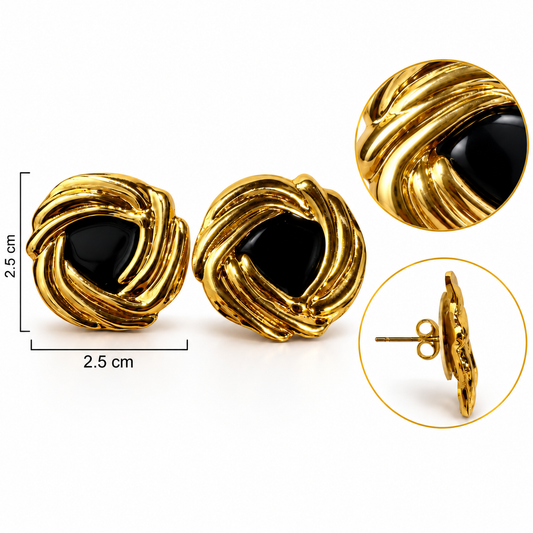 E026 Aretes círculo negro cubierto dorado acero inoxidable 304
