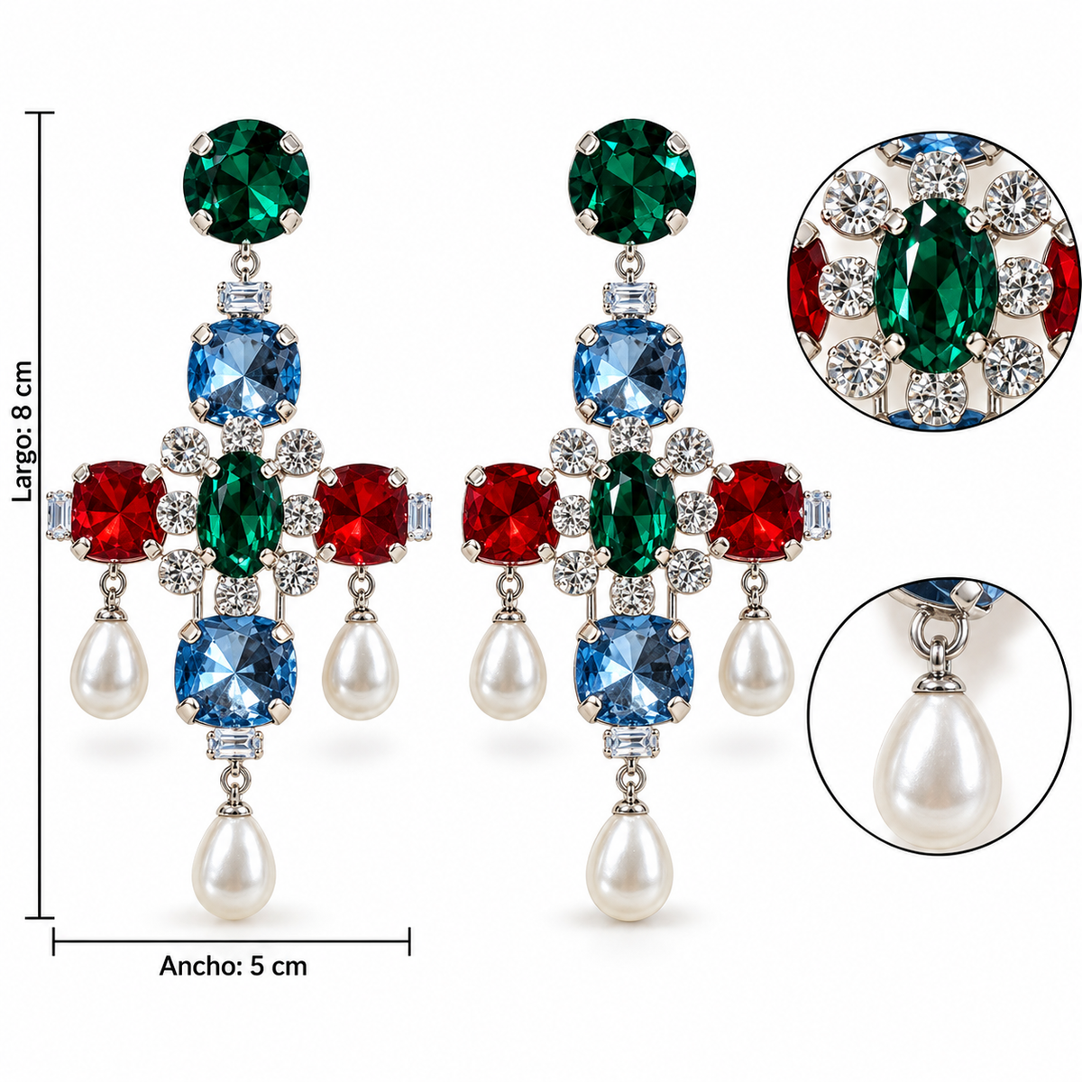 E7529 Aretes cristal imitacion colores con perla colgante aleacion