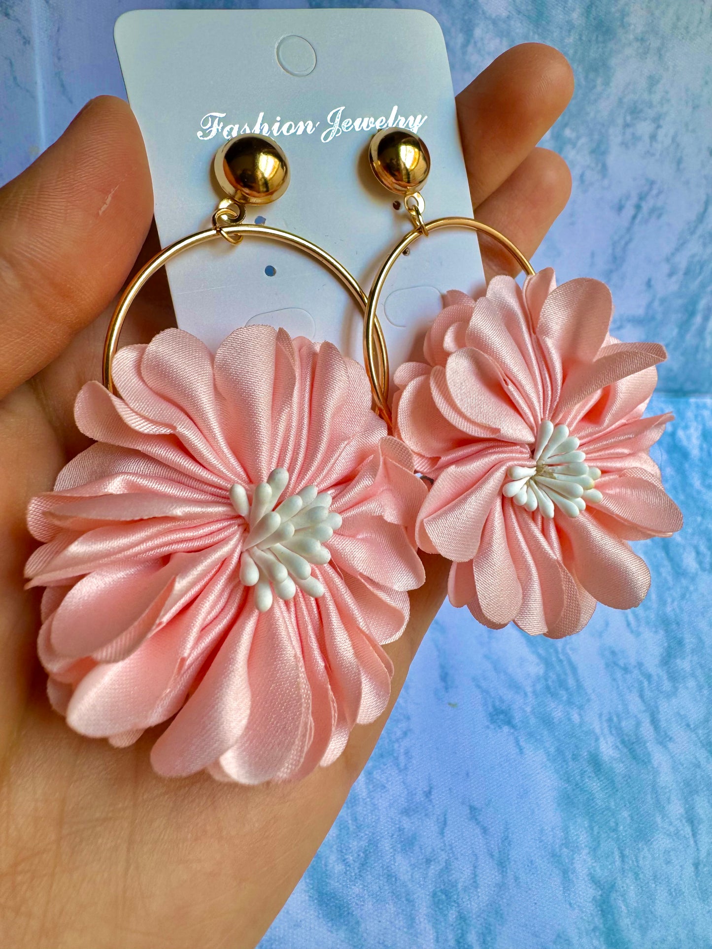 E612RP Aretes flor rosa pastel tela tipo arracada colgantes 8cm