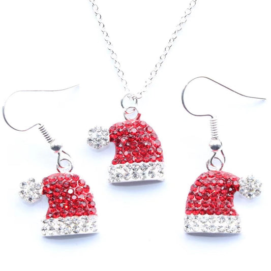 C944 Conjunto de collar y aretes gorro de navidad aleacion 23cm largo dije 1cm dije