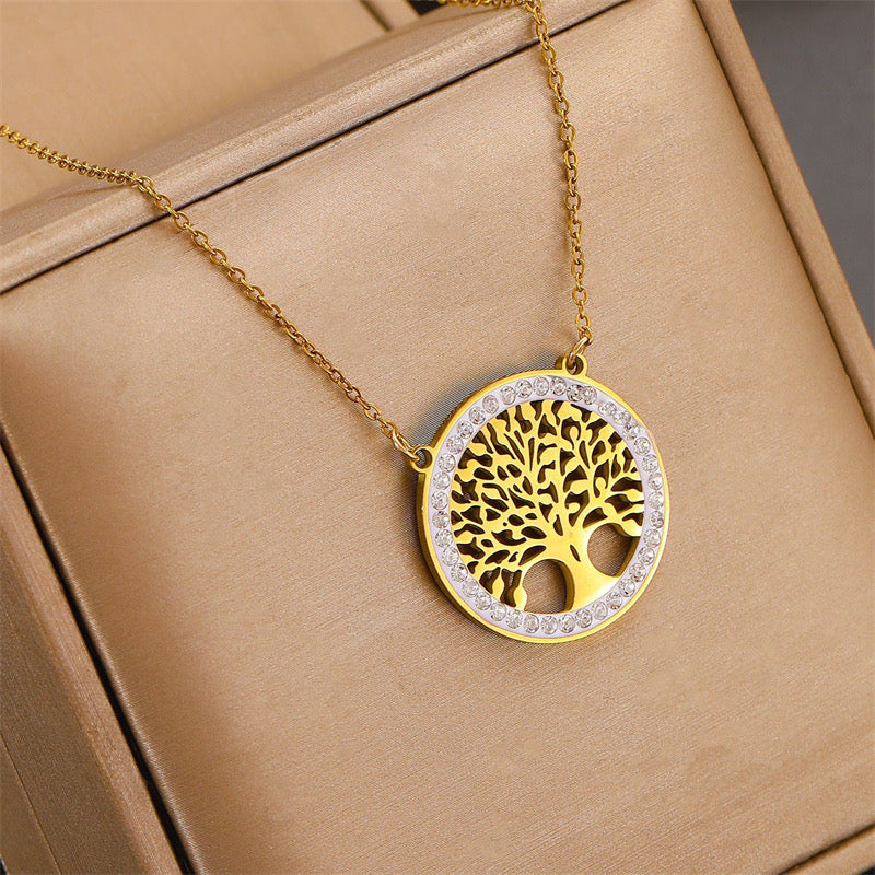 C1515 Collar arbol de la vida dorado brillante acero inoxidable 21cm dije 2cm