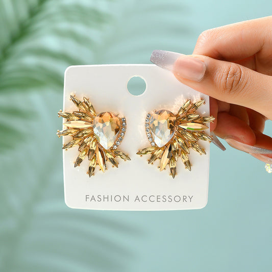E3866 Aretes flor cristal color champán aleacion 4.5cm