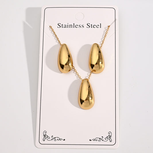C1038 Conjunto de collar y aretes gota dorada acero inoxidable 20cm largo 2.5cm dije