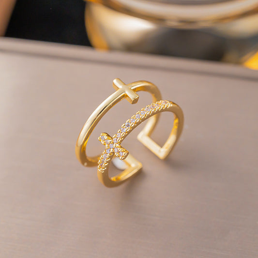 A216 Anillo cruz brillante dorado acero inoxidable abierto