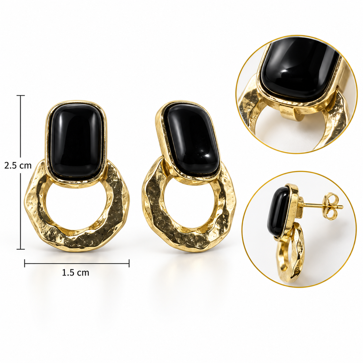 E7469 Aretes irregulares negro con detalle dorado aleacion