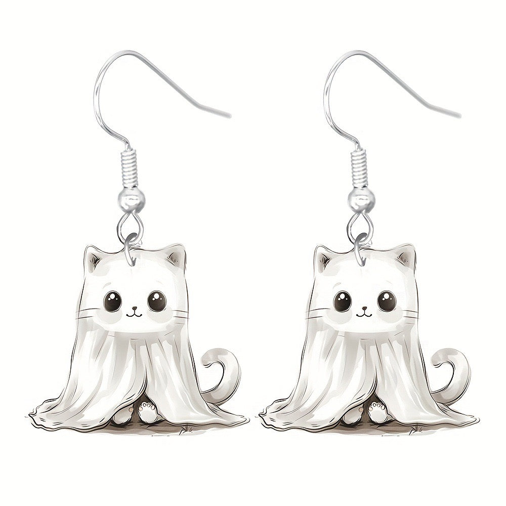 E3981 Aretes gato fantasma Halloween acrílico 4cm