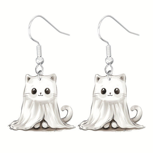 E3981 Aretes gato fantasma Halloween acrílico 4cm