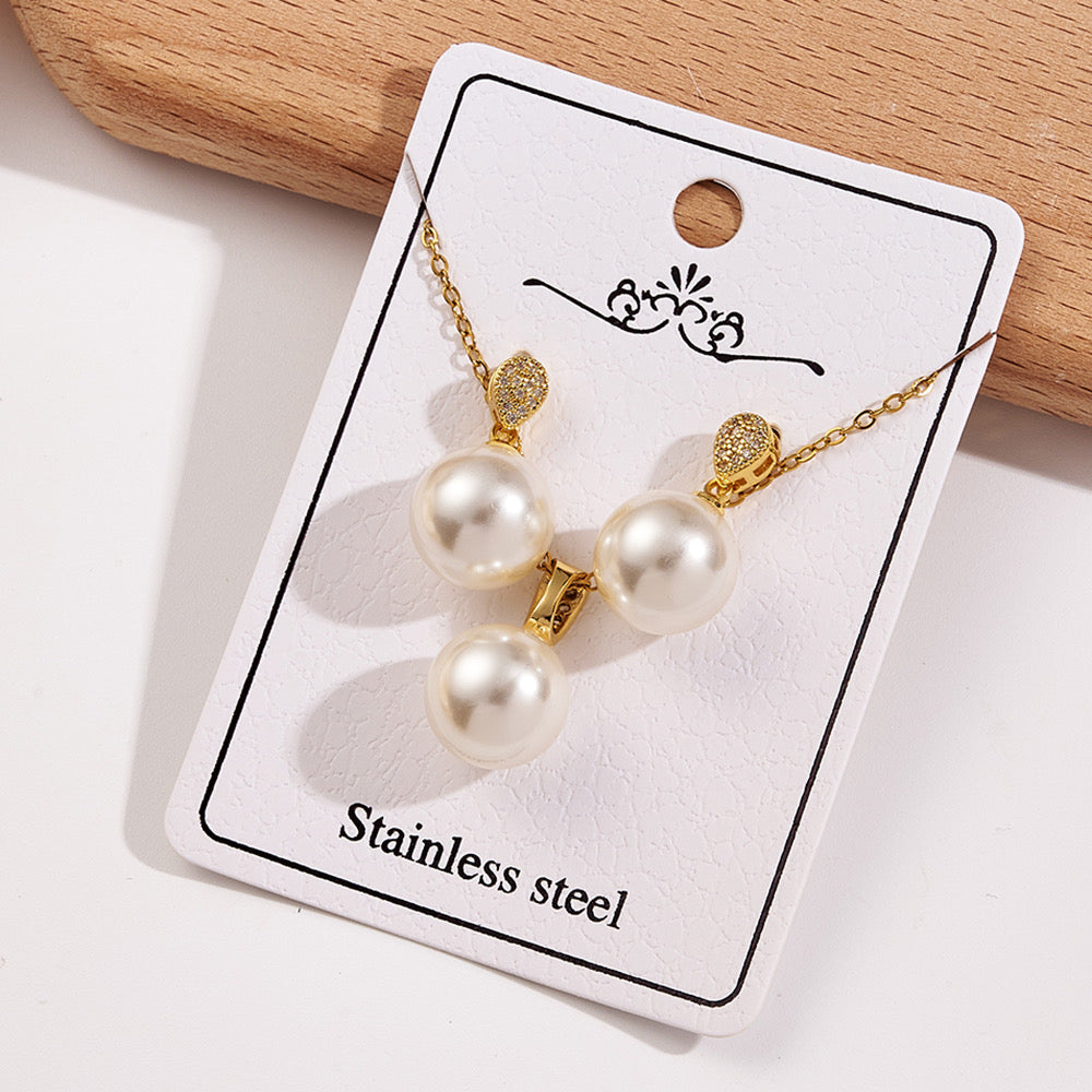 C966 Conjunto de collar y aretes perla acero inoxidable 21cm,2cm dije,2cm aretes