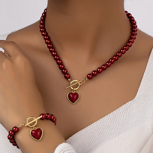 C730 Set pulsera collar corazon rojo acrilico  22cm largo 11cm pulsera