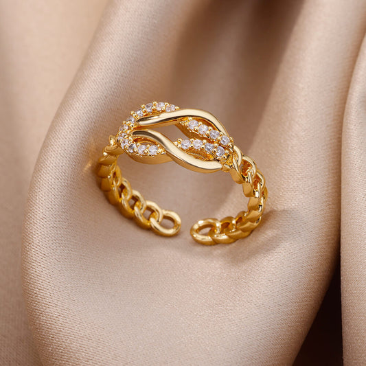 A598 Anillo entrelazado cobre circonio chapado en oro 18k abierto