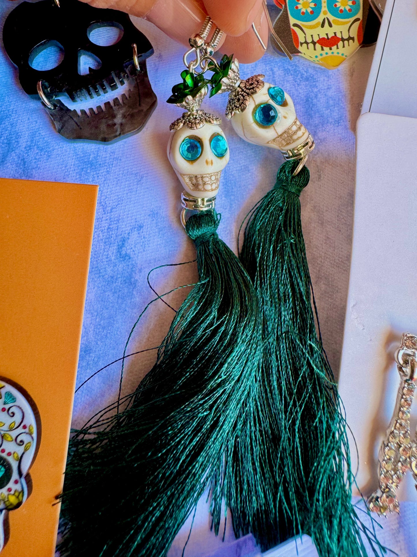 E247 Aretes Catrina Calavera Cortina Hilos Algodón Dia De Muertos Halloween