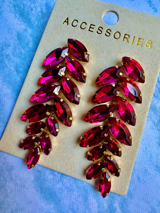 E439 Aretes hojas de cristal fucsia rosa cristal 6cm