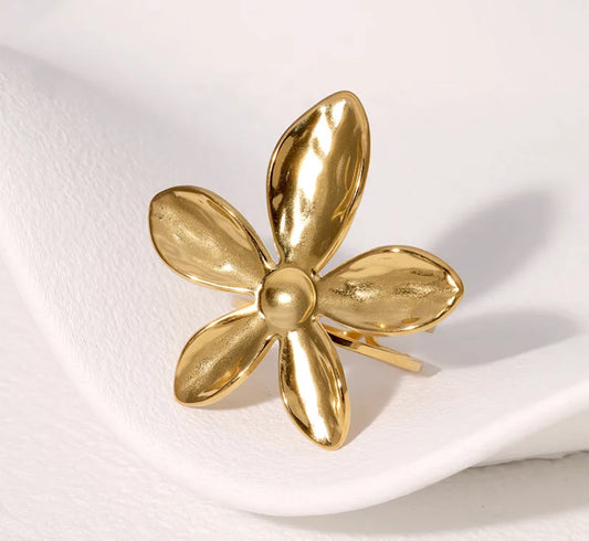 A154 Anillo abierto flor dorada acero inoxidable chapado en oro 18k