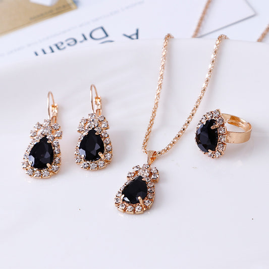 C1599 Conjunto de collar aretes y anillo gota elegante negra  aleacion 24cm largo 1.5dije