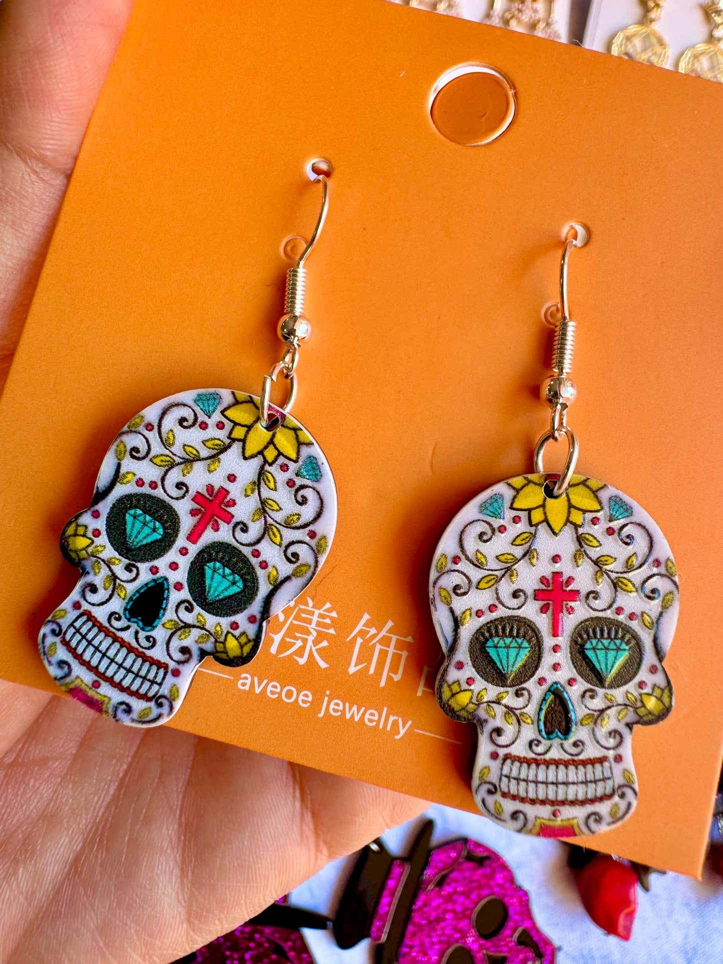 E270 Aretes Blancos Catrina Calavera Dia De Muertos Halloween