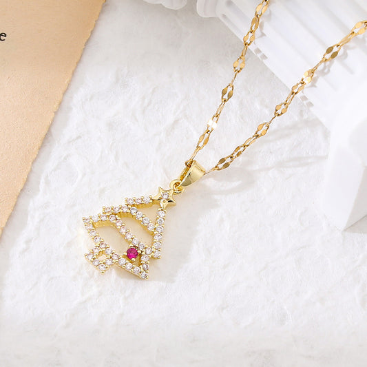 C948 Collar árbol de Navidad dorado acero inoxidable 21cm largo 2cm dije
