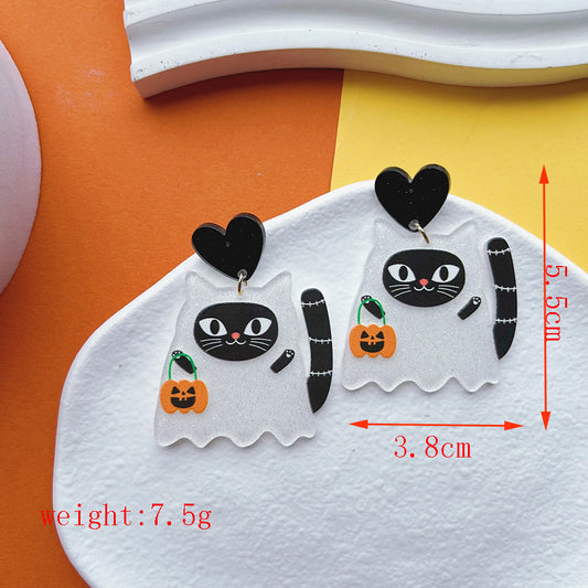 E3783Aretes  gato negro disfrazado fantasma Halloween 4.5cm acrílico