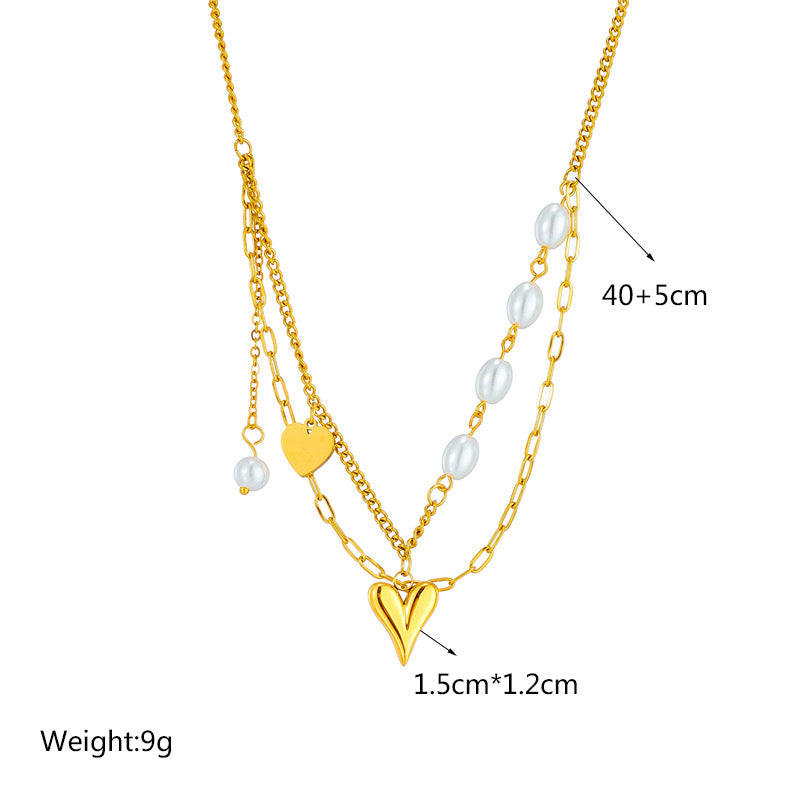 C238 Collar corazon doble capa mixto perla acero inoxidable