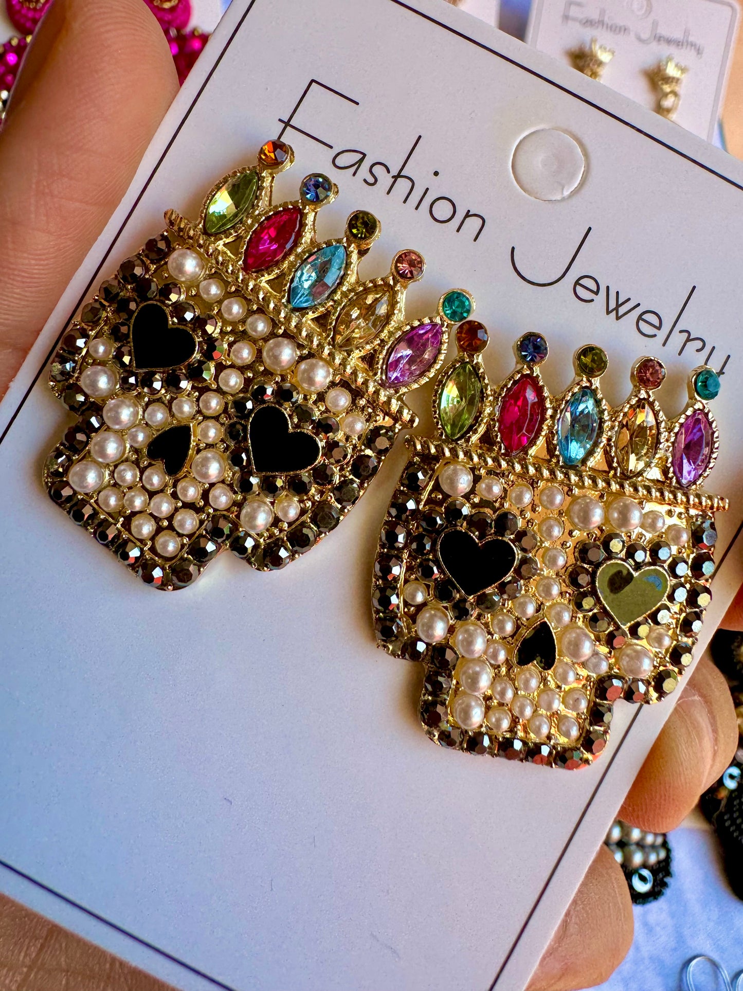 E298 Aretes Calavera Corona Perlas Dia De Muertos Halloween