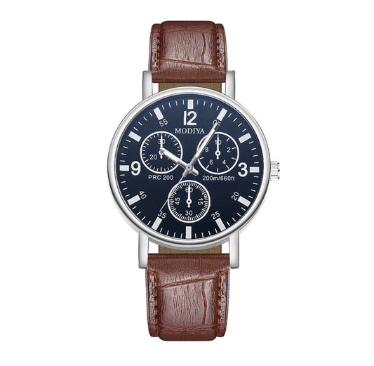 R161 Reloj ronda azul marino hebilla cafe cuero sintetico