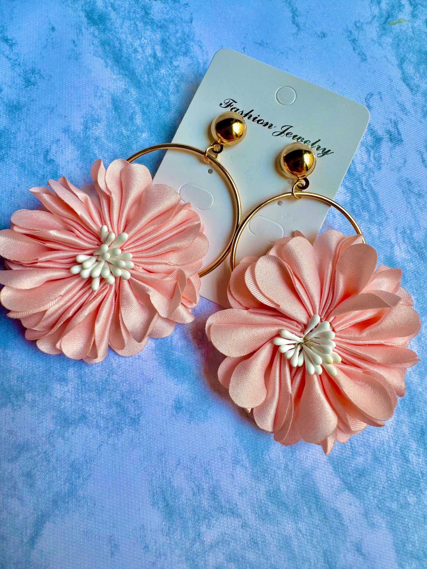 E612RP Aretes flor rosa pastel tela tipo arracada colgantes 8cm