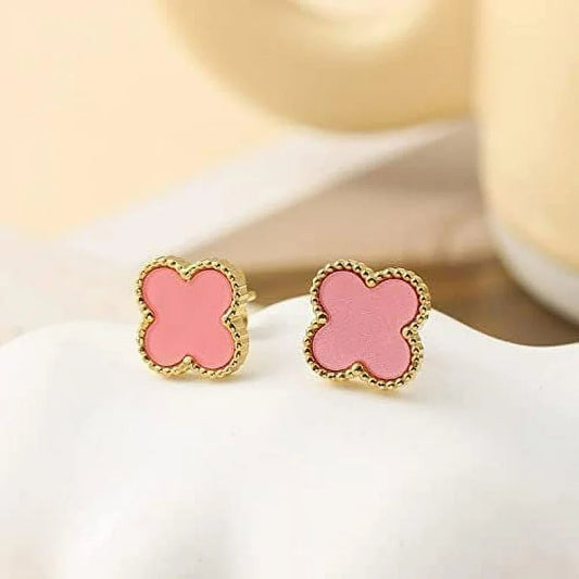 E3174 Aretes trebol rosa acero inoxidable chapado en oro 18k 1cm