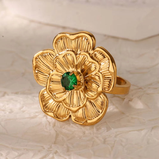 A131 Anillo flor acero inoxidable chapado en oro 18k 2.5cm abierto