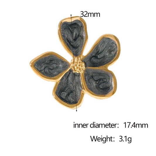 A228 Anillo flor negra ajustable acero inoxidable chapado en oro de 18k