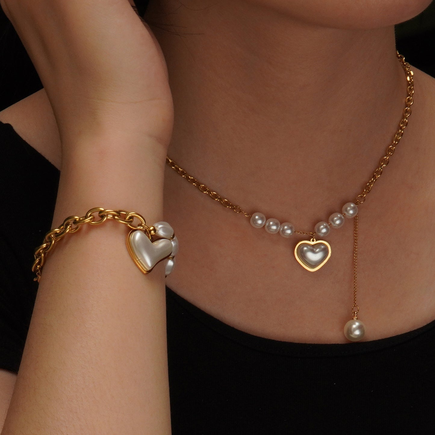C500 Conjunto collar pulsera madre perla acero inoxidable chapado en oro 18k largo collar 25cm dije 1cm pulsera largo 10cm
