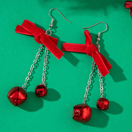 E4249 Aretes moño rojo cascabel Navidad aleacion 6cm