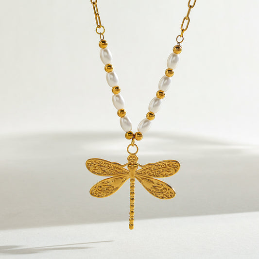 C1135 Collar libelula dorada acero inoxidable chapado en oro de 18k 22cm