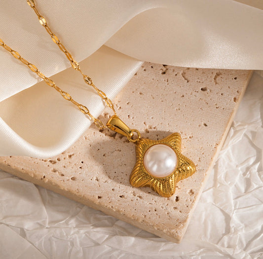 C1491 Collar estrella de mar perla acero inoxidable 20 cm dije 1.5cm