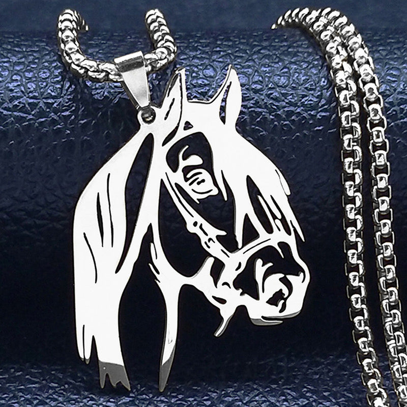 C596 Collar caballo para hombre acero inoxidable largo 34cm dije 4cm
