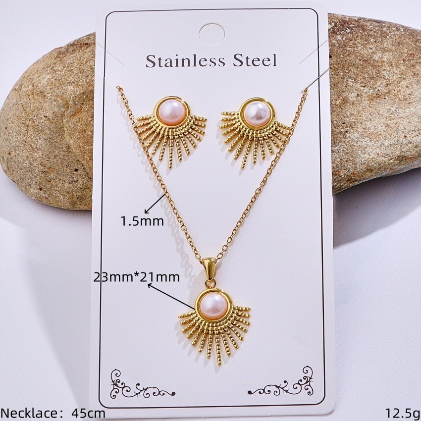 C1037 Conjunto de collar y aretes perla dorada acero inoxidable 20cm largo 2cm dije