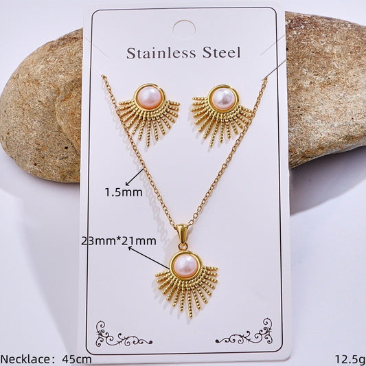 C1037 Conjunto de collar y aretes perla dorada acero inoxidable 20cm largo 2cm dije