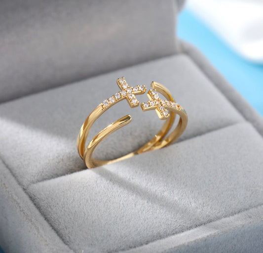 A505 Anillo Cruz brillantes dorado aleacion abierto