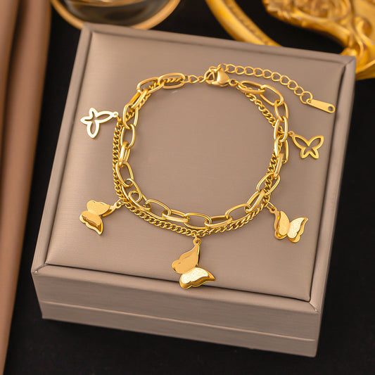 B451 Pulsera dorada mariposas acero inoxidable chapado en oro de 18k 22cm