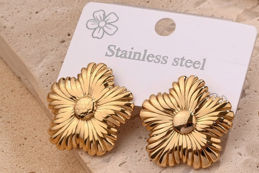 E6016 Aretes flor dorada girasol acero inoxidable chapados en oro de 18k 3cm