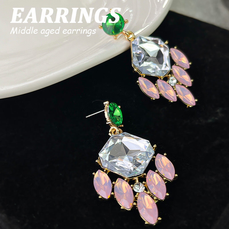 E3960 Aretes flor de cristal rosa brillante aleacion 5cm
