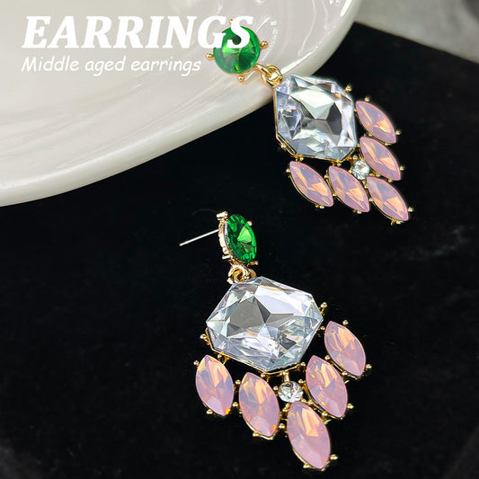E3960 Aretes flor de cristal rosa brillante aleacion 5cm