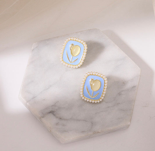 E5455 Aretes rectangulares azul cielo tulipanes aleacion 2cm