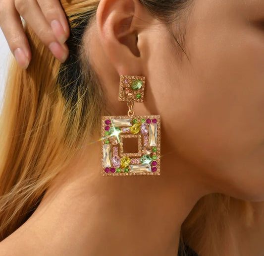 E3166C Aretes cuadro cristal colores aleacion largo 6.5cm