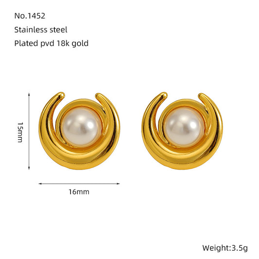E3288 Aretes perla acero inoxidable chapado en oro 18k 1cm