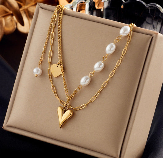 C1428 Collar doble corazon perla dorado acero inoxidable 20cm, dije 1cm