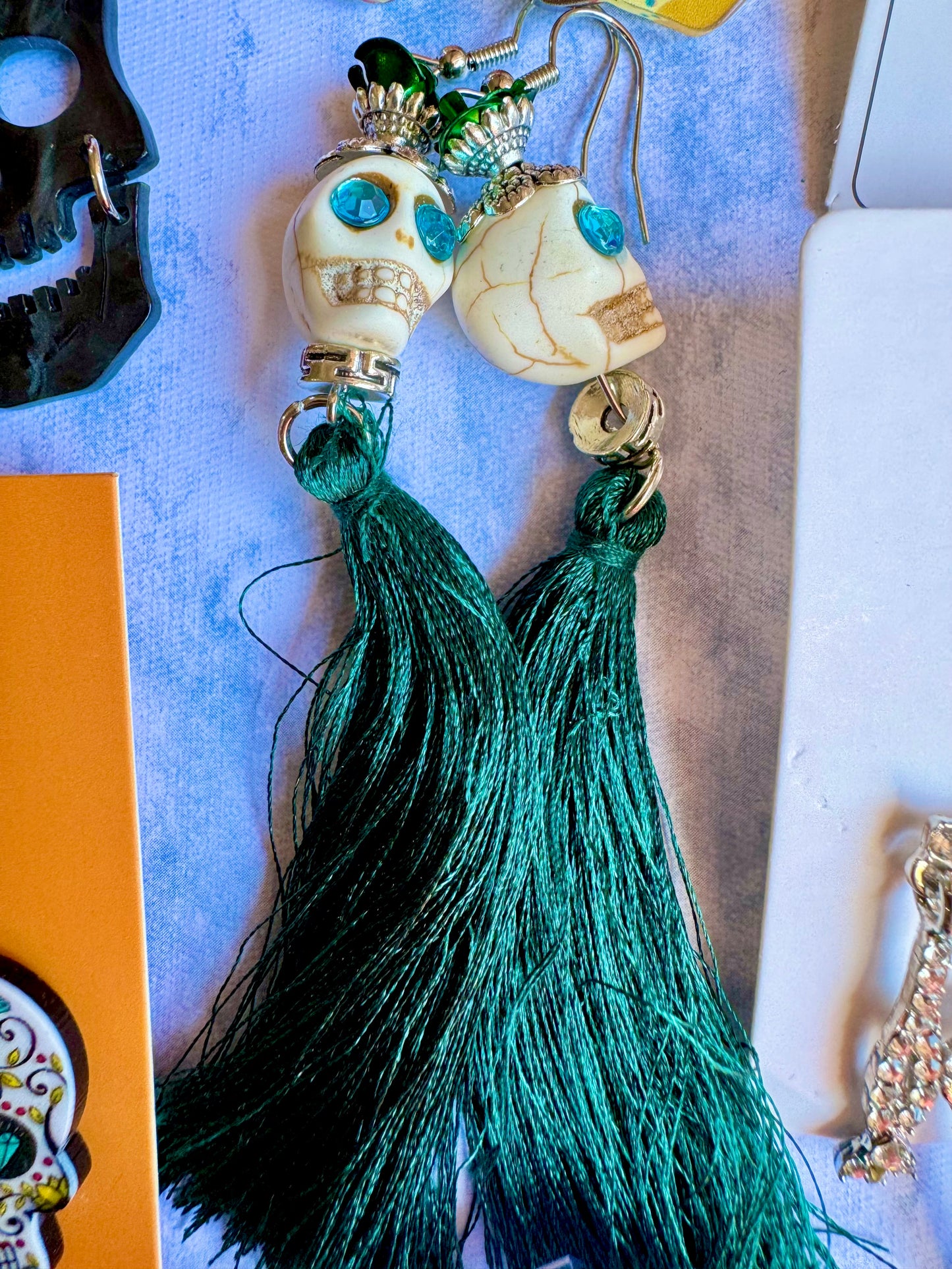 E247 Aretes Catrina Calavera Cortina Hilos Algodón Dia De Muertos Halloween