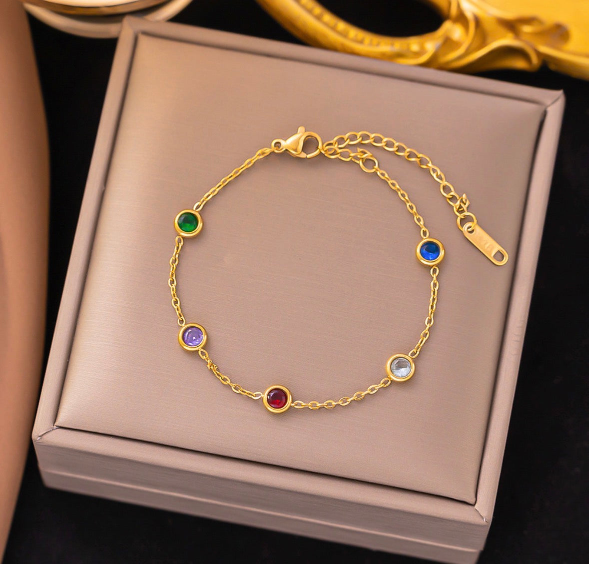 B907 pulsera dorada cristales de colores brillantes acero inoxidable 21cm