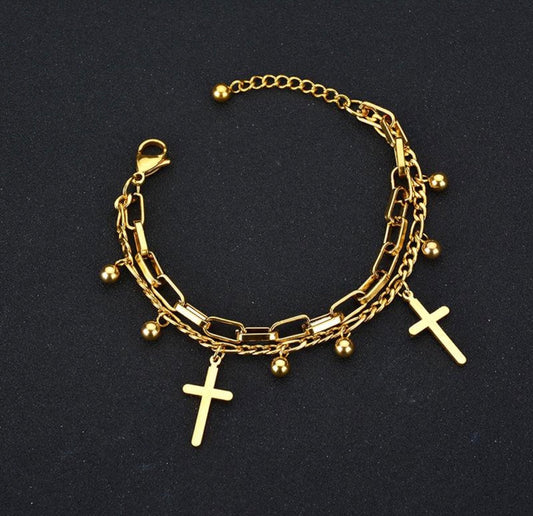 B698 Pulsera cruz doble dorada acero inoxidable chapado en oro de 18k 20cm