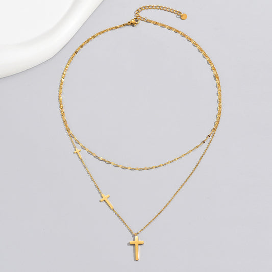 C781 Collar cruz doble acero inoxidable chapado en oro de 14k 24cm largo 2.5dije