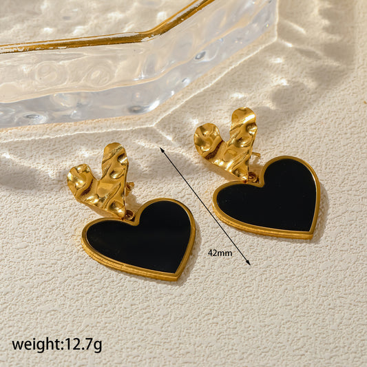 E6076 Aretes corazon negro colgante acero inoxidable 4.5 cm